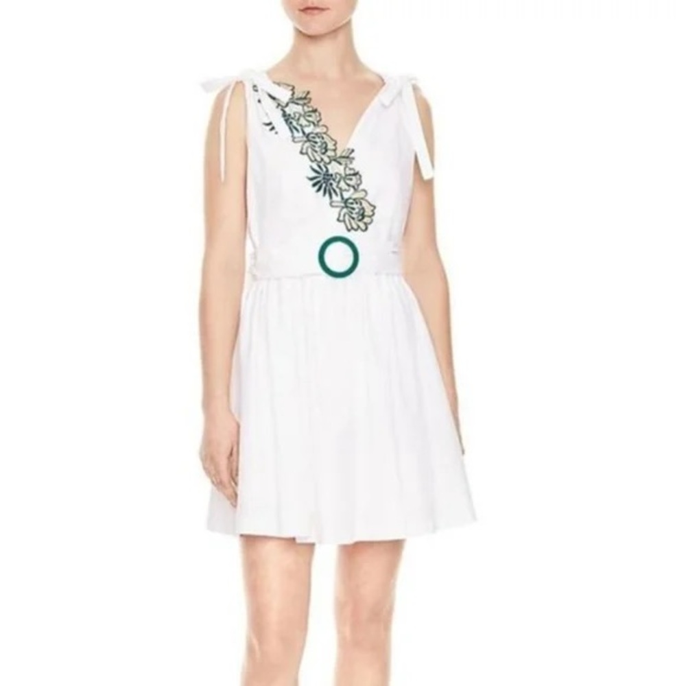 Sandro Sz.1 White Dress with Green Floral Embroidery